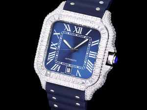 Santos Automatic 40mm Men's Watch Iced Out Bling Diamonds Stainless Steel Wrist Watches Blue Dial