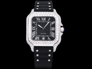 Santos Automatic 40mm Men's Watch Iced Out Bling Diamonds Stainless Steel Wrist Watches Black Dial