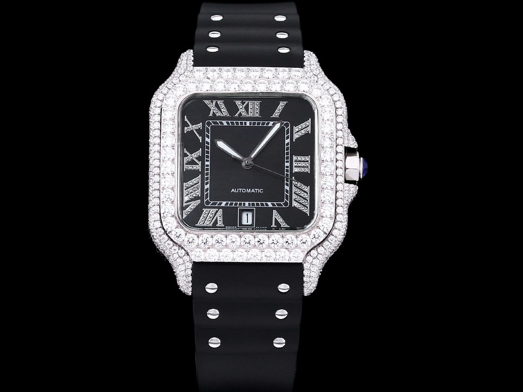 Santos Automatic 40mm Men's Watch Iced Out Bling Diamonds Stainless Steel Wrist Watches Black Dial