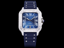 Load image into Gallery viewer, Santos Automatic 40mm Men&#39;s Watch Iced Out Bling Diamonds Stainless Steel Wrist Watches Blue Dial
