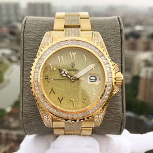 DinsFins Iced Out Watch for Men Automatic Bling-ed Out Yellow Gold Sapphire Glass Luxury Waterproof Mechanical Wrist Mens Diamonds Watches Japanese Movement